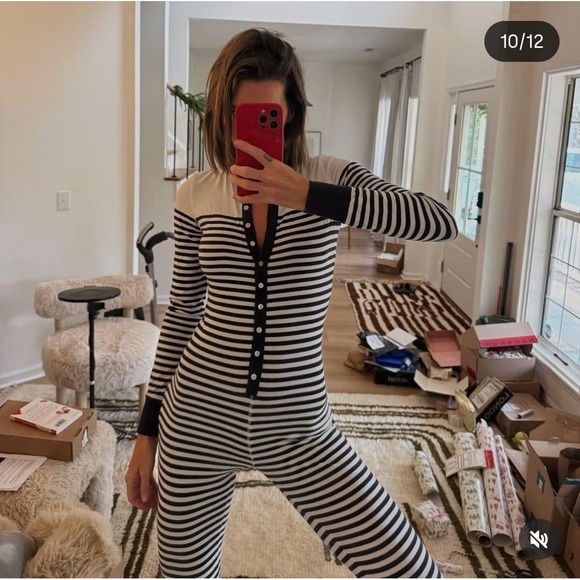 J Crew Striped Pajama Onesie Sleepwear Long Sleeve Button Up Footless Size S - Picture 2 of 10